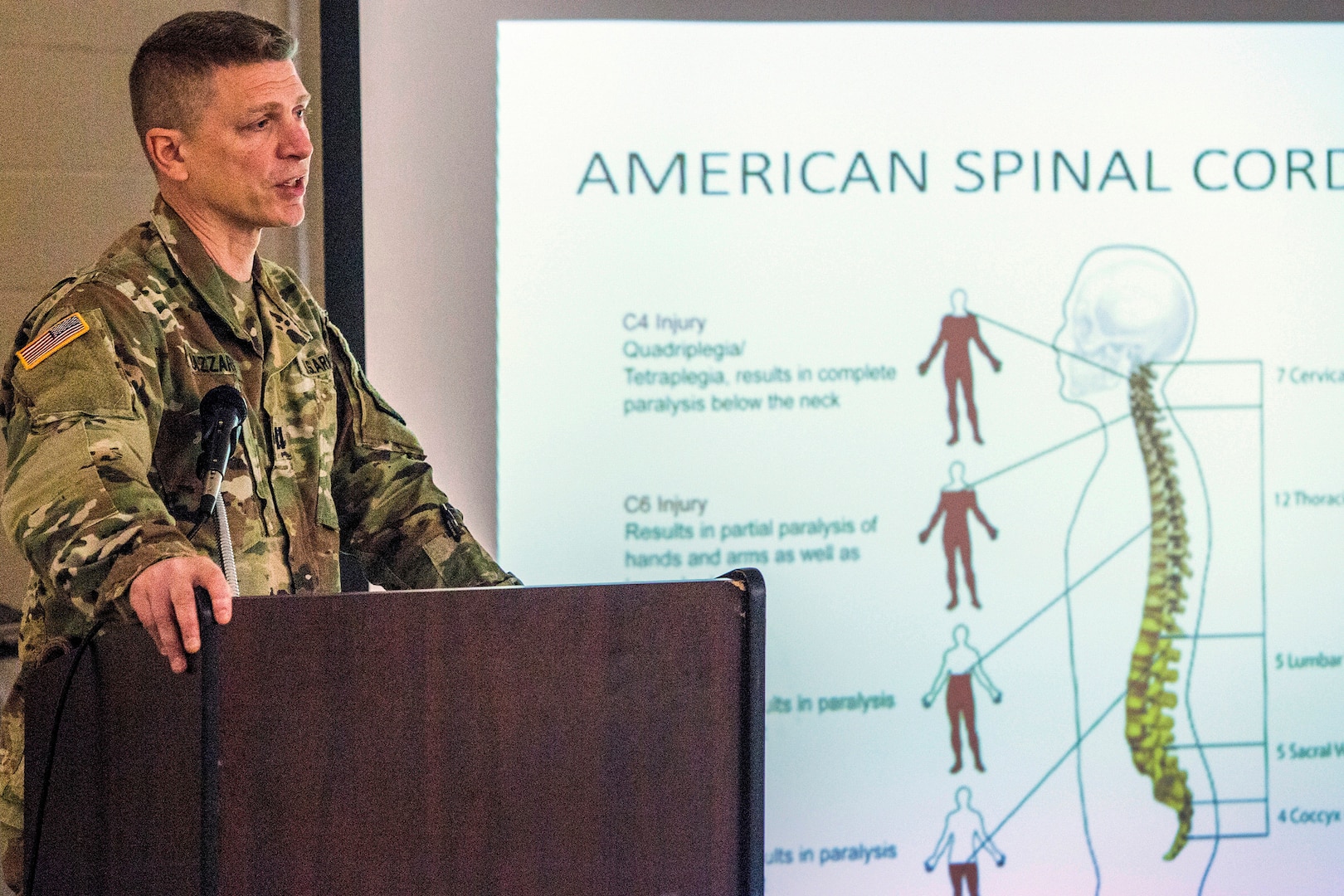 U.S. Army Capt. Domenico Lazzaro, a specialty branch recruiter with the New Jersey Army National Guard, shows the audience a slide of the different levels of spinal cord injuries during the National Disability Employment Awareness Month observance at Joint Force Headquarters located at Joint Base McGuire-Dix-Lakehurst, N.J., Oct. 18, 2018. On June 11, 2017, Lazzaro fell while navigating an obstacle course at Joint Base McGuire-Dix-Lakehurst and fractured his T8 vertebrae. The seven-hour surgery left him paraplegic. Lazzaro’s goal is to be able to pass the Army physical fitness test and continue to serve in the Guard.