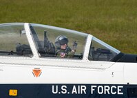 Maj. William Vernon Work, 559th Flying Training Squadron T-6 Texan II pilot, represents the Billy Goats as he participates in an “Elephant Walk” Oct. 26, 2018, at Joint Base San Antonio-Randolph, Texas. An Elephant Walk is more commonly known as a “show of force,” but the squadrons here conducted one to get in touch with their heritage.