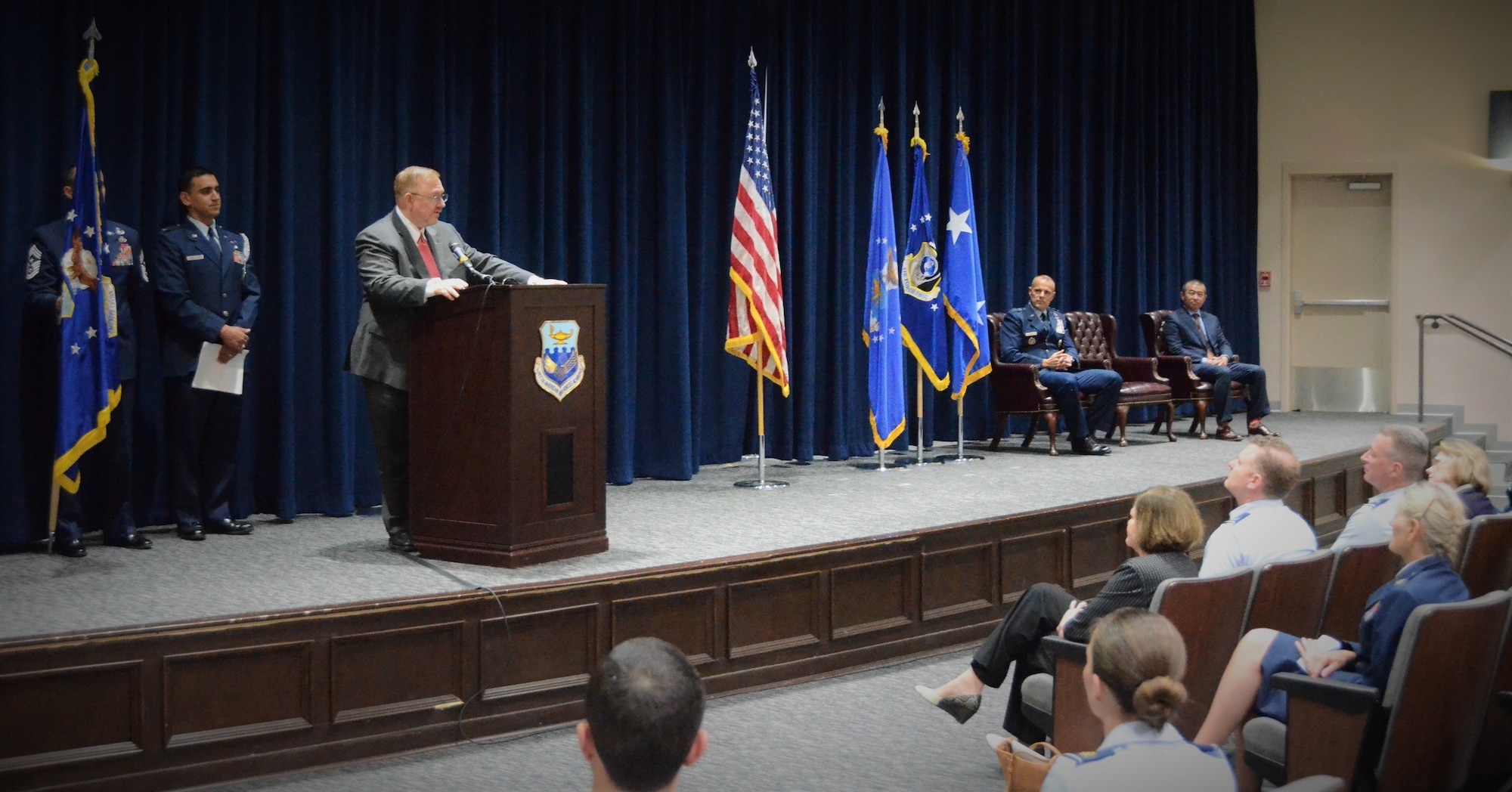 Terry Edwards addresses the audience after assuming leadership of the Air Force Civil Engineer Center during a ceremony at Lackland Air Force Base, Texas, Oct. 29, 2018.