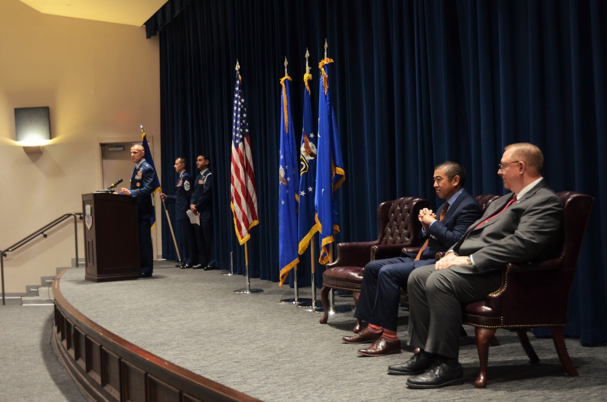 Maj. Gen. Bradley D. Spacy, Commander, AFIMSC addresses the audience during the change of leadership ceremony for the Air Force Civil Engineer Center at Lackland Air Force Base, Texas, Oct. 29, 2018.