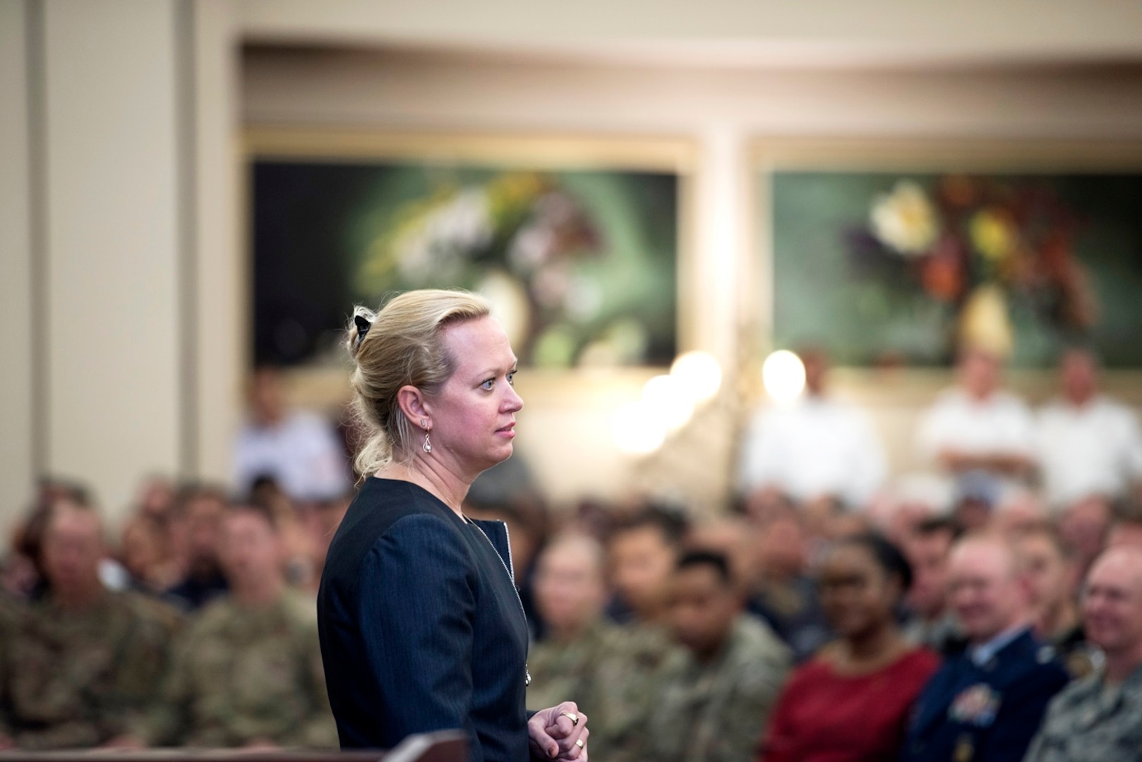 Brenda L. Roesch, 502d Civil Engineer Group director, presents remarks during the group activation ceremony, Oct. 25, 2018, at Joint Base San Antonio-Lackland, Texas.