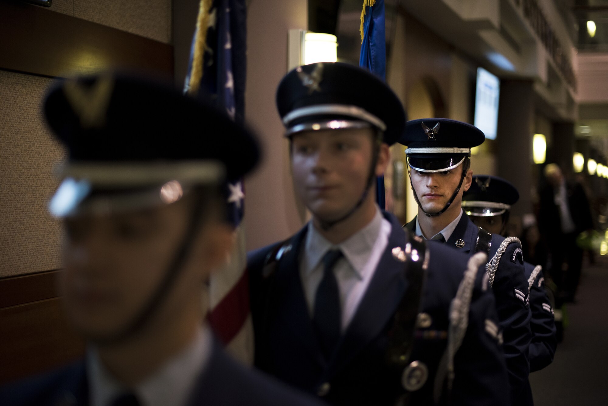 Airman First Class Jonathan Miertschin, Joint Base McGuire-Dix-Lakehurst Honor Guard ceremonial guardsman, stands in formation during an open house at the 87th Medical Group on Joint Base MDL, New Jersey, Oct. 25, 2018. The open house served to solidify the relationship between military and local health care providers. (U.S. Air Force photo by Airman First Class Ariel Owings)