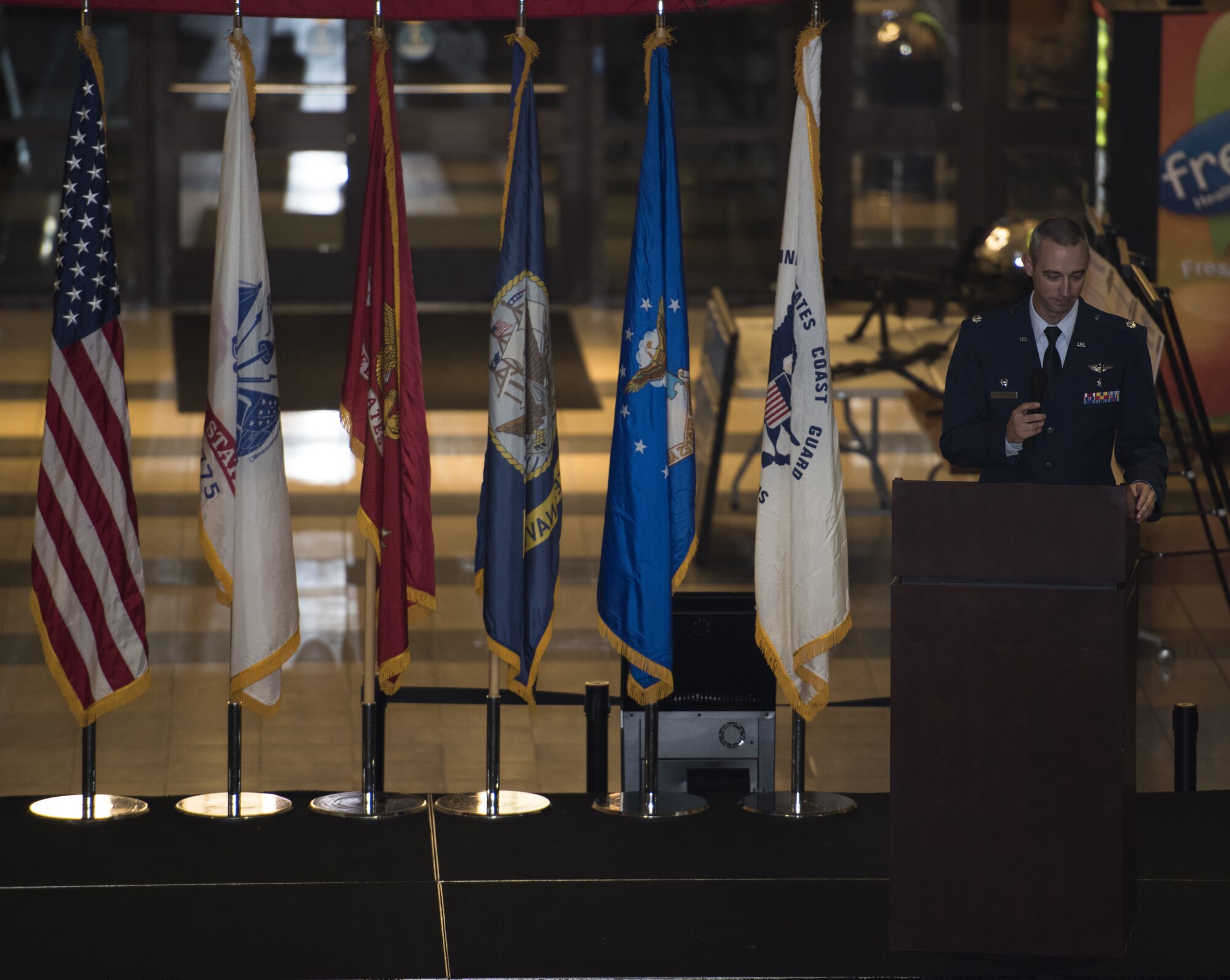 U.S. Air Force Lt. Col. Richard Kipp, 87th Aerospace Medicine Squadron commander, gives opening remarks during an open house at the 87th Medical Group on Joint Base McGuire-Dix-Lakehurst, New Jersey, Oct. 25, 2018. Approximately 200 local health care providers who work with the 87th MDG treating Joint Base MDL community members attended the event, demonstrating the importance of their support. (U.S. Air Force photo by Airman First Class Ariel Owings)