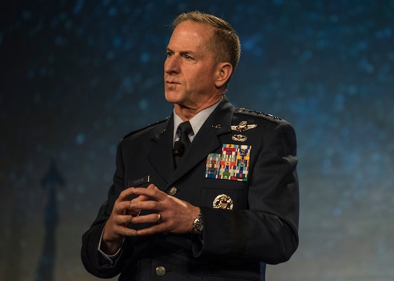 Air Force Chief of Staff Gen. David L. Goldfein speaks during the Airlift/Tanker Association Symposium in Grapevine, Texas, Oct. 26, 2018. "We have a federated enterprise that analyzes intelligence to a level of sophistication that's absolutely exquisite," said Goldfein. But Goldfein says it doesn't stop there, and wants to embrace multi-domain command and control to dominate the information environment faster and smarter. "Our flight plan in the future uses machine-to-machine capabilities, smart-learning algorithms, and tools of the trade to pull together this network of capability that can cross-cue, connect, and compare to databases and learn as we go so that the decision of what's of interest is made at the machine level. And then let's repurpose our Airmen so that we are doing the refined, human part, which is to say, 'Okay now let's turn this information that I know is of interest into decision-quality information that allows us to operate faster than our adversaries.' That's where we're headed." A/TA provides mobility Airmen a professional development forum to engage with industry experts within the mobility enterprise, attend seminars focused on mobility priorities, and listen to leadership perspectives from top leaders in the Air Force and Department of Defense. (U.S. Air Force photo by Tech. Sgt. Jodi Martinez)