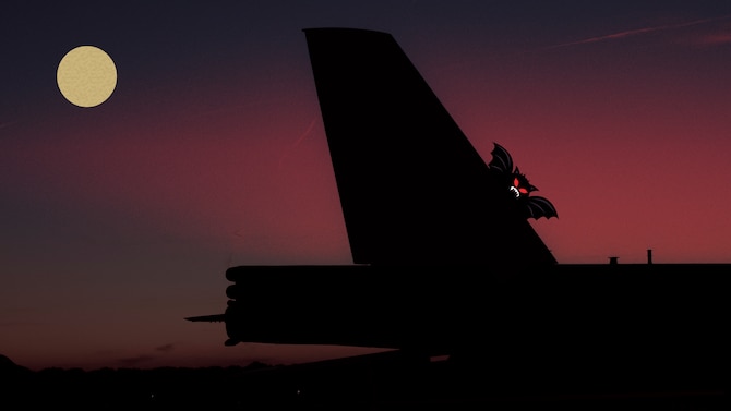 A gremlin pokes out from behind the tail of a B-52 Stratofortress at Barksdale Air Force Base, La., Oct. 30, 2018. Gremlins are creatures that destroy aircrafts to make more work for crew chiefs. (U.S. Air Force graphic by Airman 1st Class Sydney Campbell)