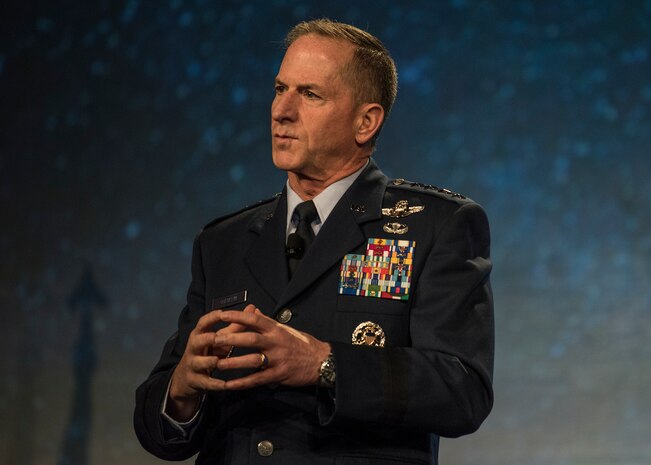 Air Force Chief of Staff David L. Goldfein speaks during the Airlift/Tanker Association Symposium in Grapevine, Texas, Oct. 26, 2018. “We have a federated enterprise that analyzes intelligence to a level of sophistication that’s absolutely exquisite,” said Goldfein. “Some of the products we produce are absolutely unbelievable to the point where we’re looking inside buildings, being able to tell a special forces team before they even go into the building, ‘Here is what you’re going to face.’” But Goldfein says it doesn’t stop there, and wants to embrace multi-domain command and control to dominate faster and smarter. “Our flight plan in the future uses machine-to-machine capabilities, smart-learning algorithms, and tools of the trade to pull together this network of capability that can cross-cue, connect, and compare to databases and learn as we go so that the decision of what’s at interest is made at the machine level. And then let’s repurpose our Airmen so that we are doing the refined, human part, which is to say, ‘Okay now let’s turn this information that I know is of interest into decision quality information that allows us to operate faster than our adversaries.’ That’s where we’re headed.” A/TA provides mobility Airmen a professional development forum to engage with industry experts within the mobility enterprise, attend seminars focused on mobility priorities, and listen to leadership perspectives from top leaders in the Air Force and Department of Defense. (U.S. Air Force photo by Tech. Sgt. Jodi Martinez)