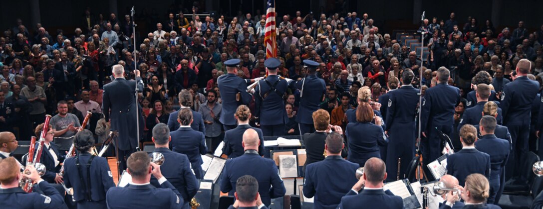 The U.S. Air Force Band finishes the last song of the night at the University of North Texas in Denton, Texas, Oct. 25, 2018. The band performed in locations across New Mexico and Texas to inspire and engage the local communities. (U.S. Air Force photo by Senior Airman Abby L. Richardson)