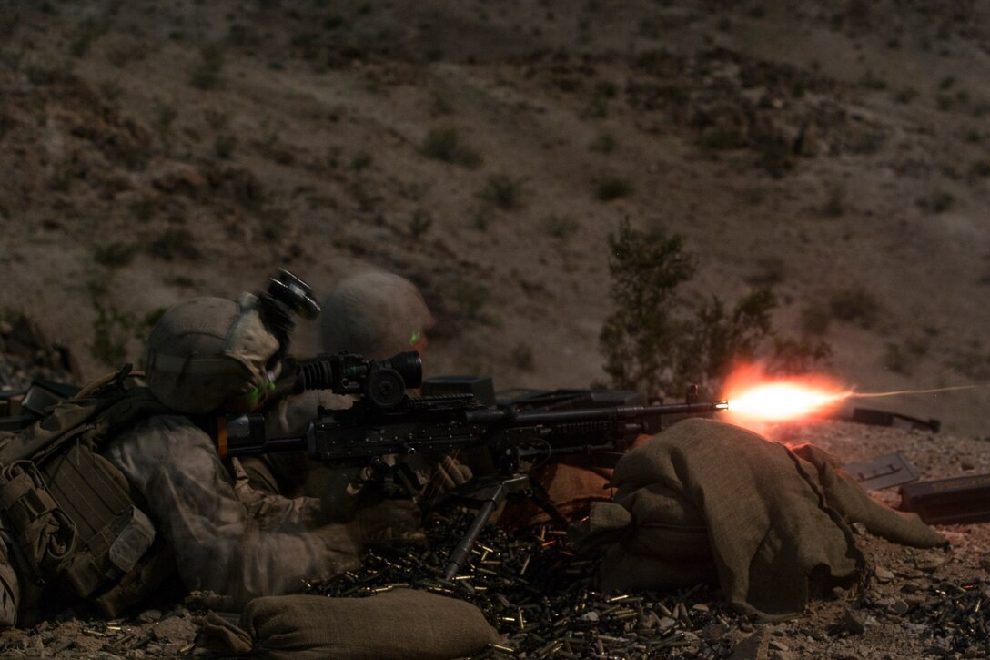 U.S. Marines with Company A., 1st Battalion, 8th Marine Regiment, 2nd Marine Division, fire an M240B machine gun as part of Integrated Training Exercise 1-19 at Twentynine Palms, Calif., Oct. 21, 2018. The large-scale exercise allows infantry units to bolster their combat capabilities in a desert environment in preparation for potential global contingencies.