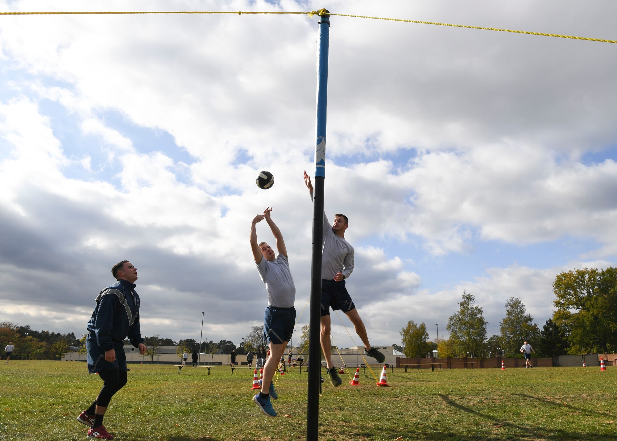 U.S. Air Force 86th Logistics Readiness Squadron Airmen play volleyball during the 58th annual Combined Federal Campaign-Overseas kickoff event at Ramstein Air Base, Germany, Oct. 25, 2018.