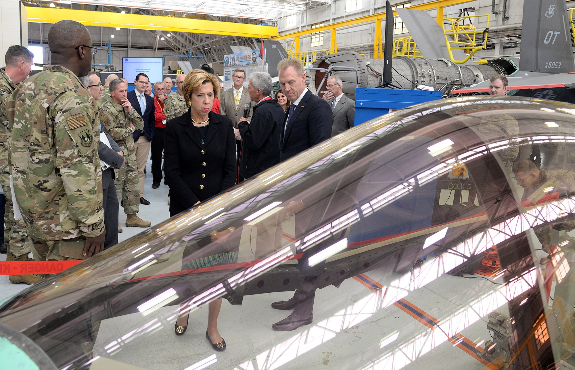 Deputy Secretary of Defense Patrick Shanahan and Ellen Lord, Under Secretary of Defense for Acquisition and Sustainment, get up close with an F-35 during a tour of the Ogden Air Logistics Complex.