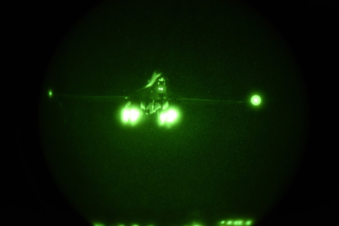 A B-1B Lancer clears the runway at Ellsworth Air Force Base, S.D., Oct. 29, 2018. B-1s from the 34th Bomb Squadron flew to Norway to participate in Trident Juncture 2018. Through their participation in the NATO exercise, the bomber aircrews are able to demonstrate their ability to accomplish the mission anytime, anywhere. (U.S. Air Force photo by Airman 1st Class Thomas Karol)