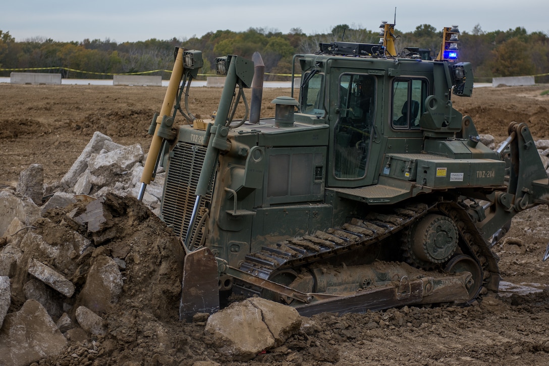 U.S. Army Reserve engineers experiment with remote-controlled bulldozer