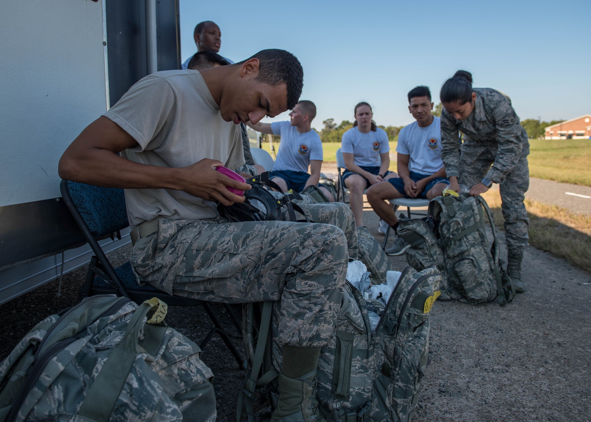 U.S. Air Force Airmen assigned to the 633rd Civil Engineer Squadron and the 633rd Aerospace Medicine Squadron prepare their equipment during a joint radiological response training at Joint Base Langley-Eustis, Virginia, Oct. 3, 2018.