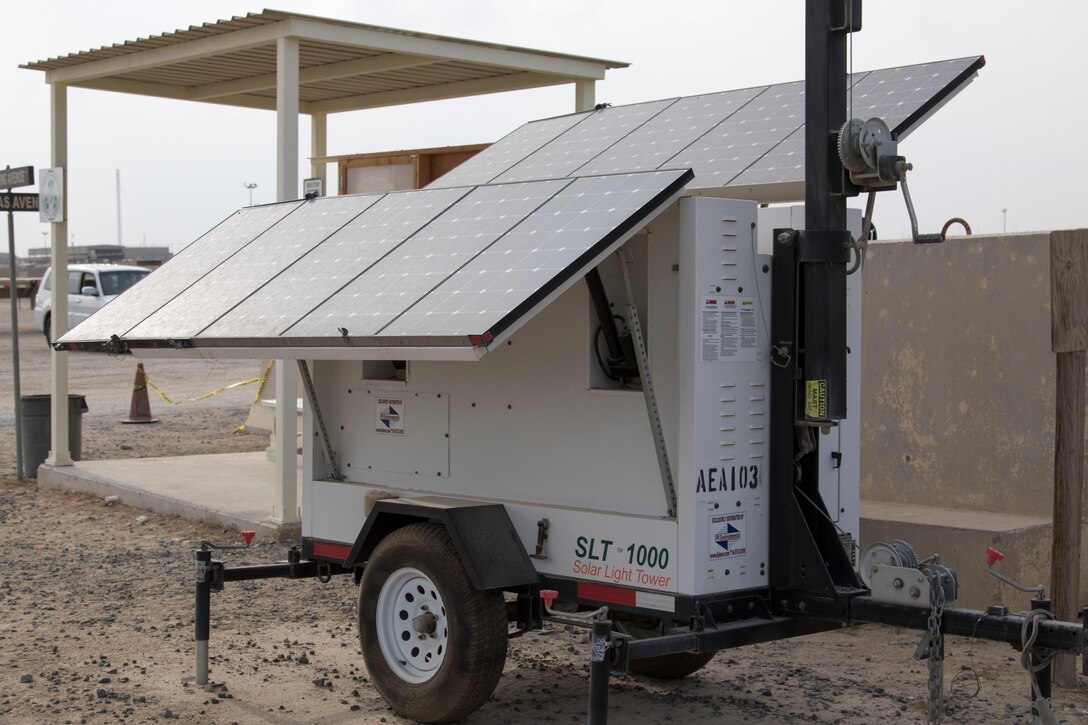 A Solar Light Tower harnesses the power of sunlight and wind throughout the day to power a streetlight at night at Camp Arifjan, Kuwait, Oct. 23, 2018. Towers like this one all over Camp Arifjan provide service members with ample lighting at night to walk, exercise, or work safely at any hour, while utilizing renewable energy.