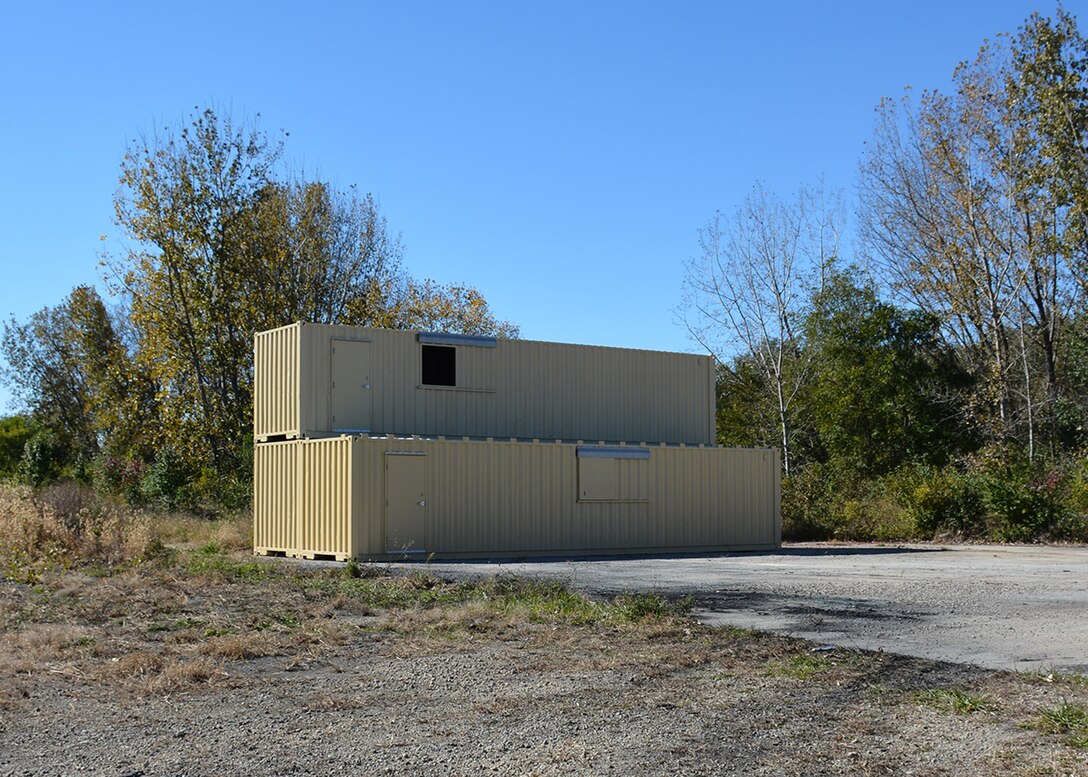 The National Center for Medical Readiness received delivery of a Conex “hotel,” Oct. 23, 2018, which includes three 12,000-pound structures, to be incorporated with future training and testing events taking place at the tactical training facility. (U.S. Air Force photo/Lori Hughes)