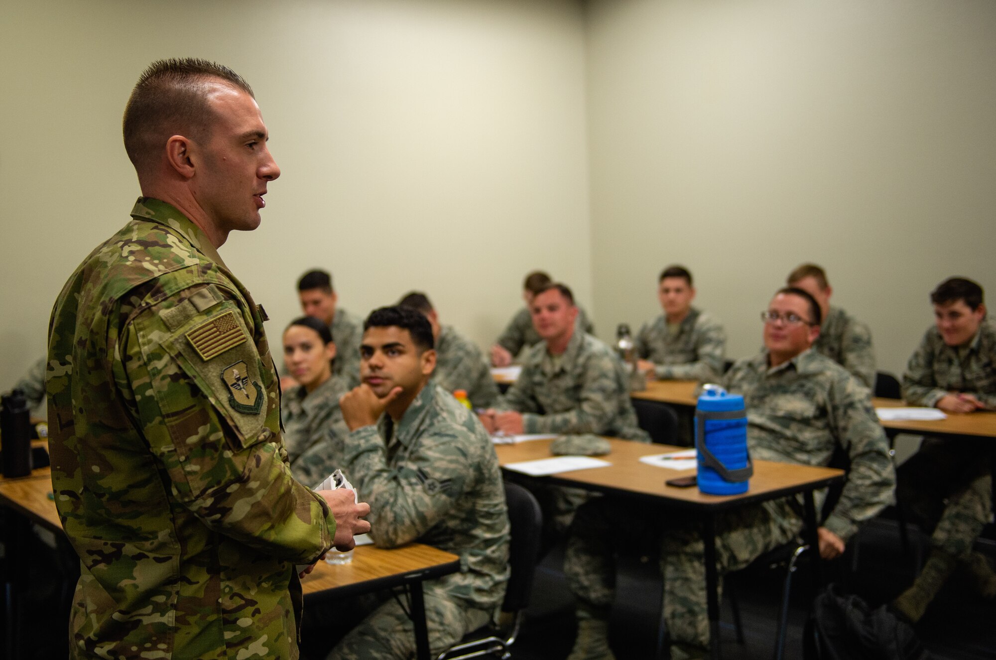 Tech Sgt. Kyle Wilson, First Term Airman Center NCO in charge, speaks to Airmen during an F-TAC Course Oct. 29, 2018, at Luke Air Force Base, Ariz. Luke AFB provides multiple professional development courses that not only provide valuable career information but also fosters an environment for Airmen to share their Air Force experiences amongst their peers. (U.S. Air Force photo by Senior Airman Alexander Cook)