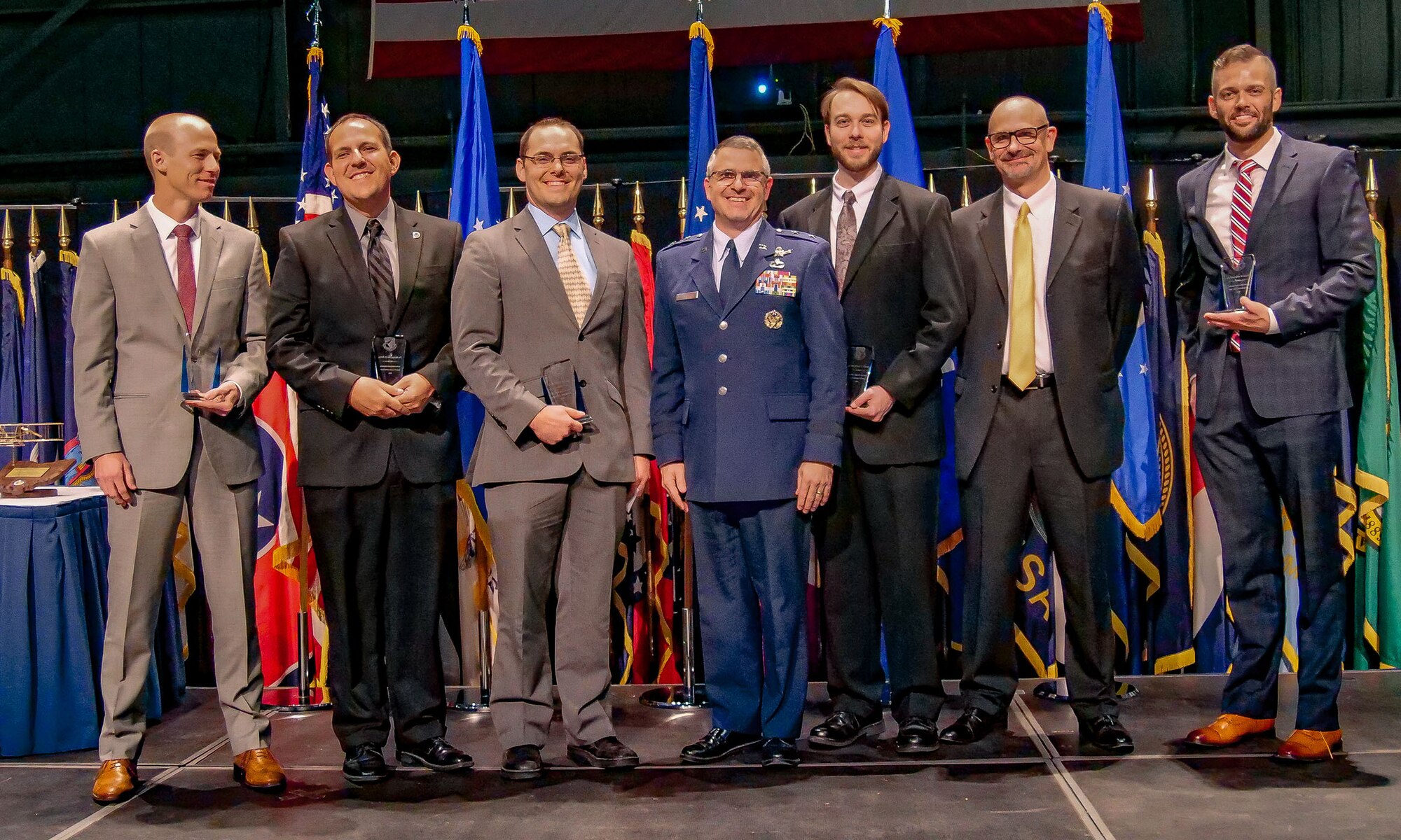 Five scientists and engineers were recognized with the Science and Engineering Early Career Award during the 2018 AFRL Fellows and Science and Engineering Early Career Awards Banquet held at the National Museum of the United States Air Force Oct. 25. The AFRL Science and Engineering Early Career Award honors AFRL’s most promising young scientists and engineers for exceptional leadership potential and mission contributions early in their research careers. (U.S. Air Force photo/Keith Lewis)