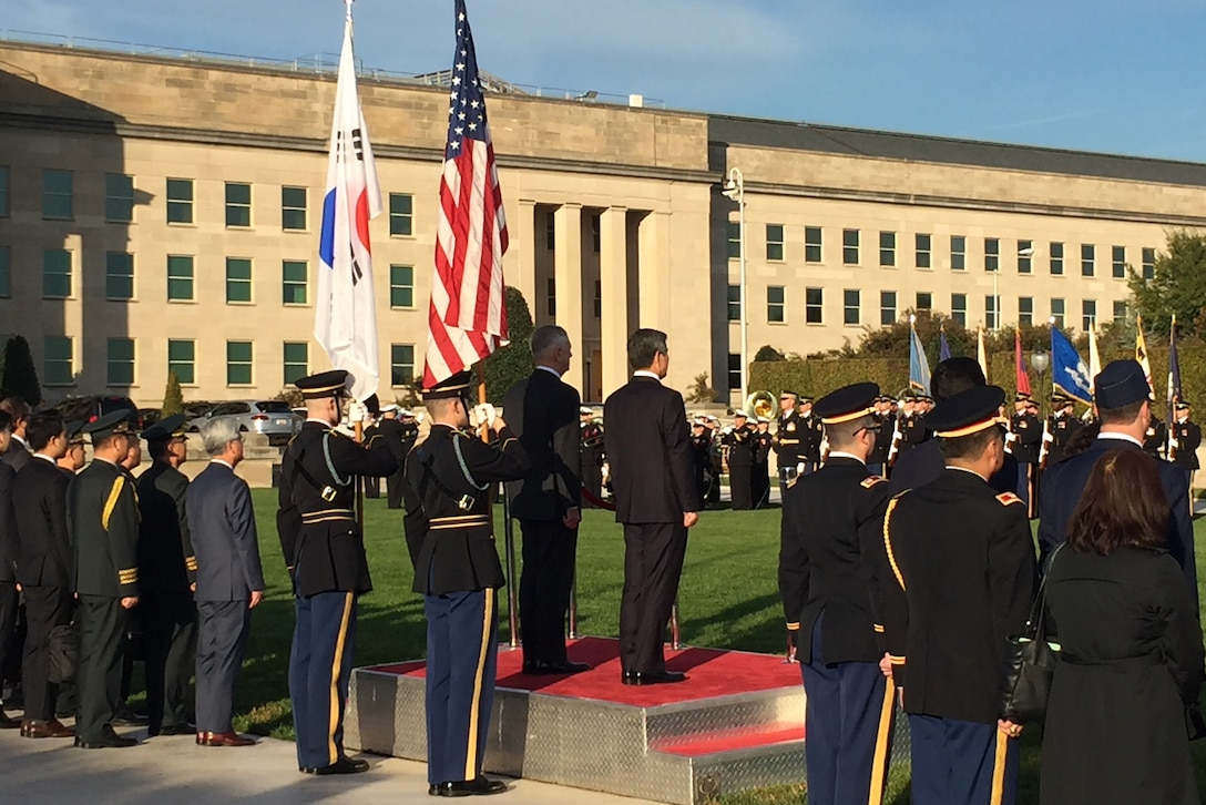 Defense Secretary James N. Mattis and South Korea’s National Defense Minister Jeong Kyeong-doo participate in a Pentagon ceremony before the U.S.-Republic of Korea Security Consultative Meeting.