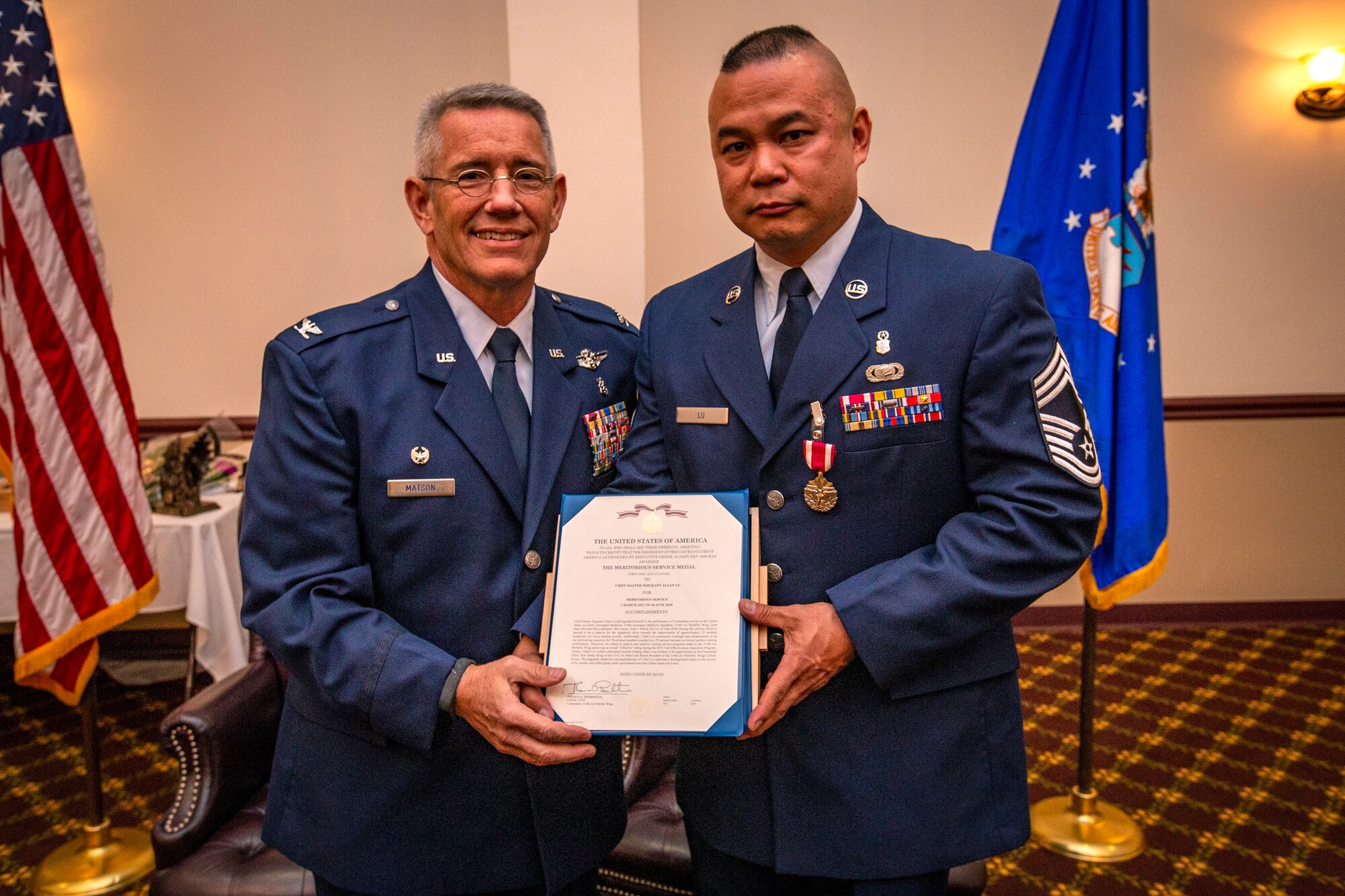 A retirement ceremony was held for U.S. Air Force Chief Master Sgt. Allan Lu, chief, Aerospace Medicine, 514th Aerospace Medicine Squadron, 514th Air Mobility Wing, at Joint Base McGuire-Dix-Lakehurst, N.J., Oct. 13, 2018.