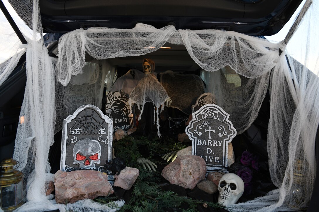 A trunk decorated by Angela Gadomski, a retired youth center sports director, is displayed at the Pride Hangar parking lot on Ellsworth Air Force Base, S.D., Oct. 26, 2018. To celebrate Halloween, 28th Bomb Wing Airmen volunteered to hand out candy and decorate their cars for the Trunk or Treat event on base. (U.S. Air Force photo by Airman 1st Class Christina Bennett)