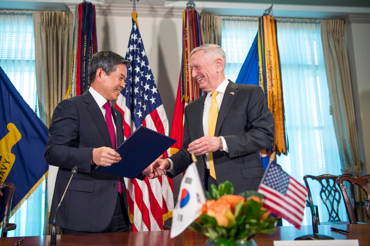 Defense Secretary James N. Mattis shakes hands with his South Korean counterpart.