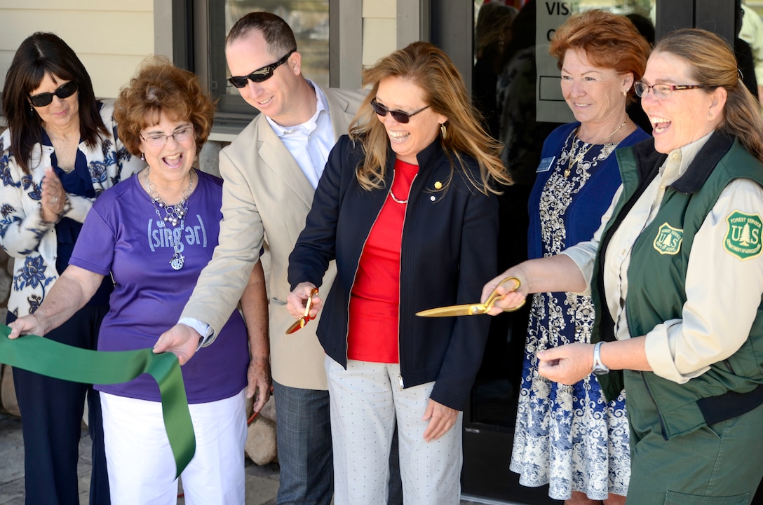 The US Army Corps of Engineers, the US Forest Service and local leaders celebrate the ribbon cutting of the new USFS Fire Station in Lake Isabella, California.