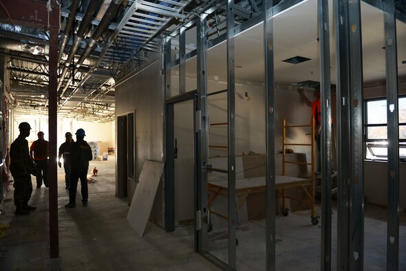 Master Sgt. Brian Richardson, 366th CES engineering superintendent, meets with construction workers at the Airman Center construction site, October 25, 2018, at Mountain Home Air Force Base, Idaho. The 366th Fighter Wing was allowed approximately $56,000,000 to enhance building structures, mission readiness equipment and recreational areas for airmen around base.
