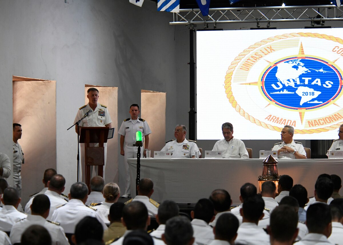 Rear Adm. Sean Buck delivers remarks during the opening ceremony for UNITAS LIX military exercise.