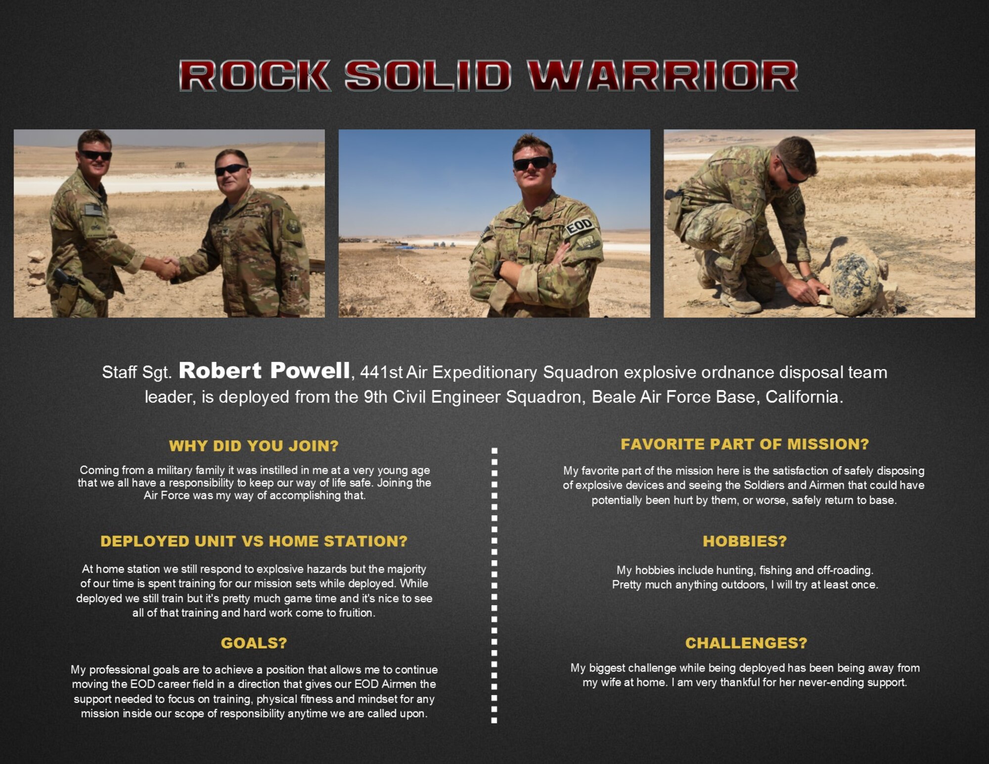 This week’s Rock Solid Warrior is Staff Sgt. Robert Powell, 441st Air Expeditionary Squadron explosive ordnance disposal team leader. The Rock Solid Warrior program is a way to recognize and spotlight the Airmen of the 386th Air Expeditionary Wing for their positive impact and commitment to the mission. (U.S. Air Force graphic by Staff Sgt. Christopher Stoltz)