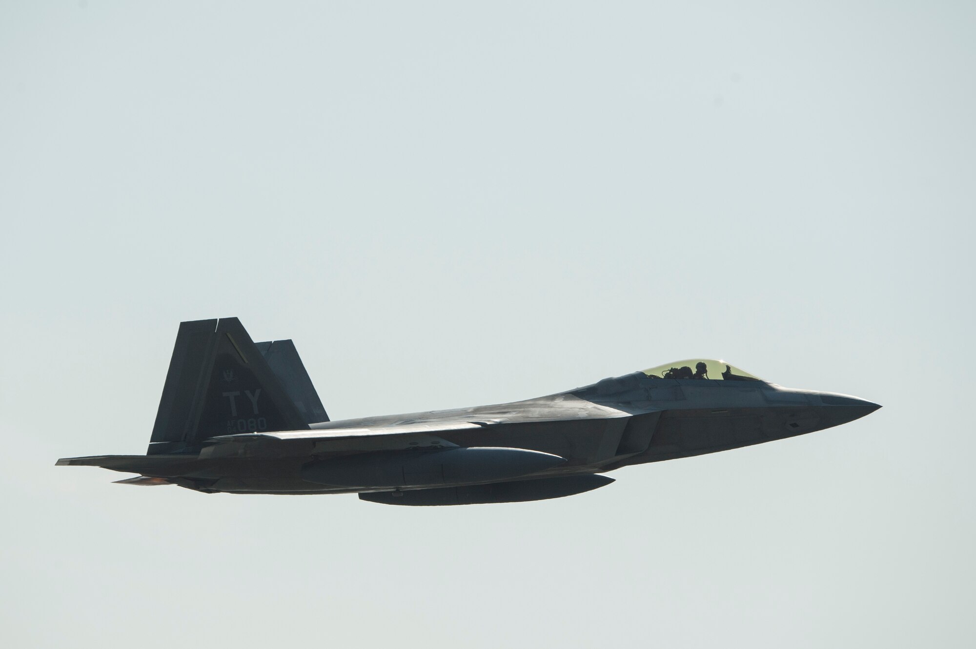 A U.S. Air Force F-22 Raptor from the 95th Fighter Squadron, 325th Fighter Wing, Tyndall Air Force Base, Fla., takes-off at Spangdahlem Air Base, Germany, Aug. 29, 2018. The F-22s are heading back home to Tyndall AFB, after completing a flying training deployment with NATO partners. (U.S. Air Force photo by Staff Sgt. Jonathan Snyder)