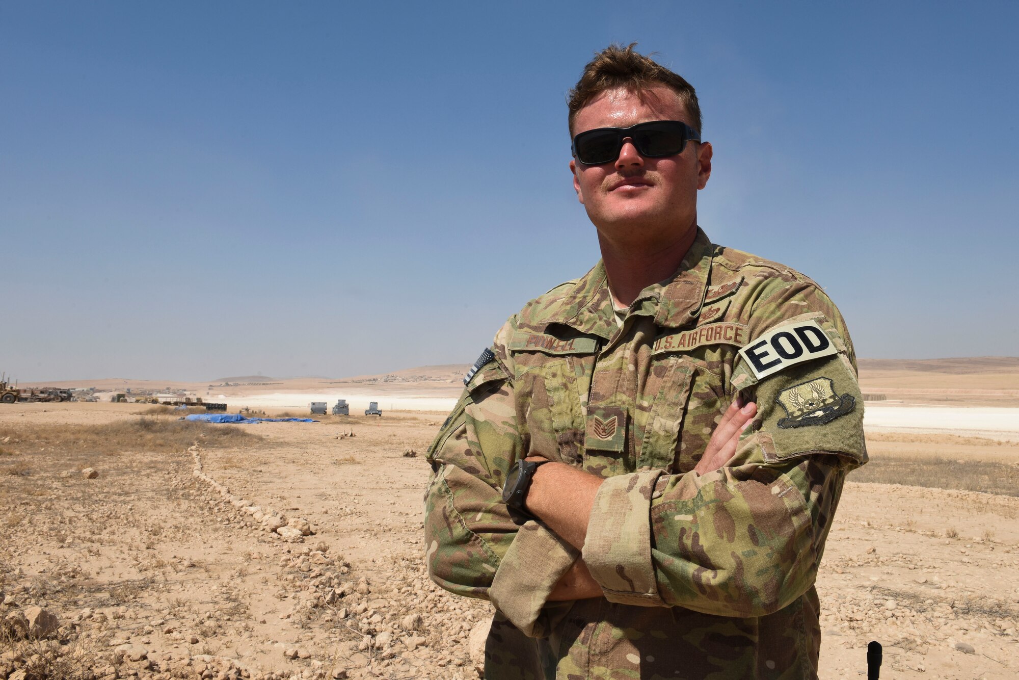 Tech. Sgt. Robert Powell, 441st Air Expeditionary Squadron Explosive Ordnance Disposal team lead, poses for a photo Aug. 17, 2018, at an undisclosed location in Southwest Asia. Powell is deployed from the 9th Civil Engineer Squadron, Beale Air Force Base, Calif. (U.S. Air Force photo by Tech. Sgt. Caleb Pierce)