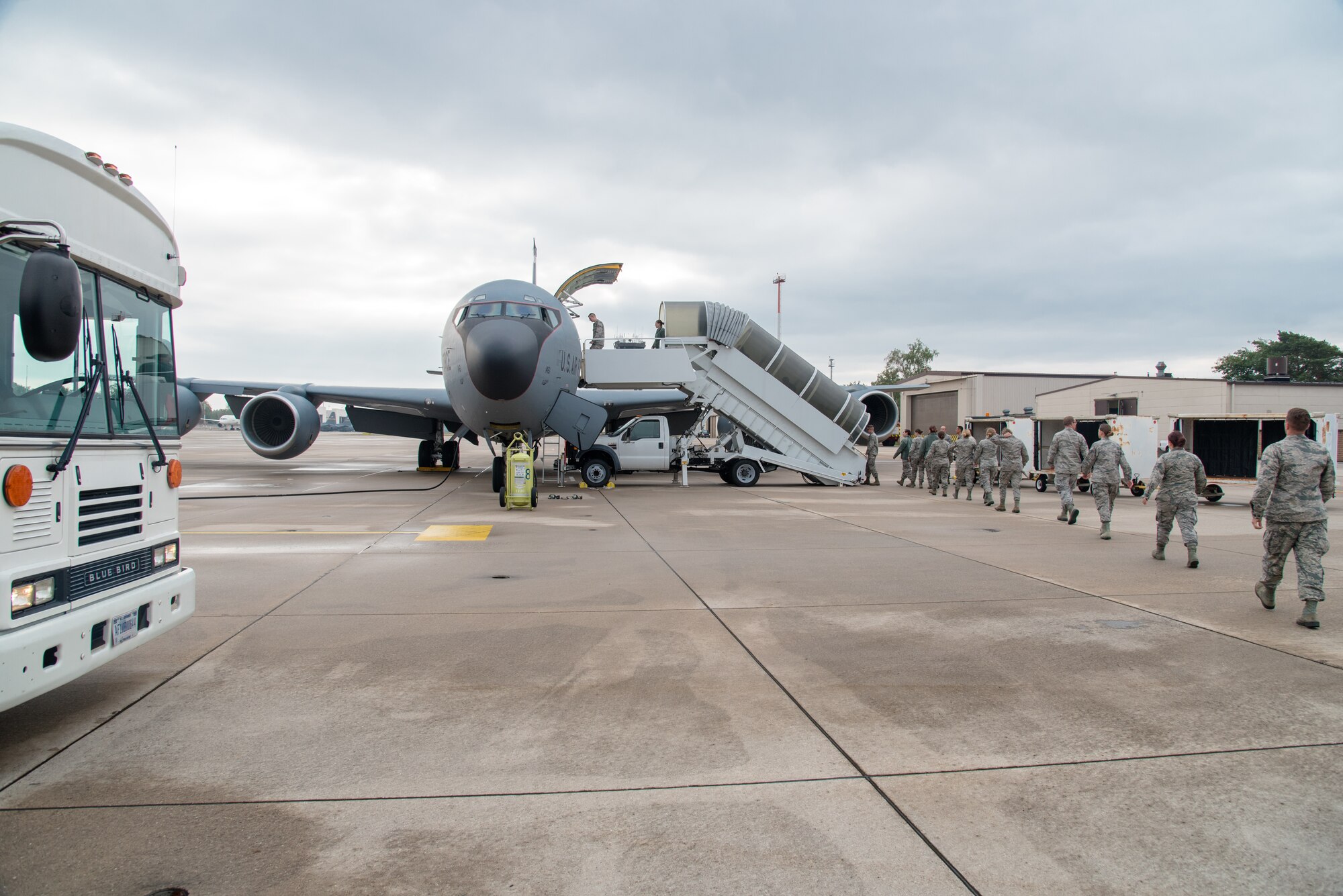 A KC-135 Stratotanker, assigned to the 128th Air Refuleing Wing, General Mitchell Air National Guard Base, Wisconsin, sits on the tarmack at Ramstein Air Base, Germany, Aug. 30, 2018. The 128th ARW transported 115th Force Support Squadron Airmen, who are TDY, from Truax Field, Wisconsin, to Ramstein Air Base Germany. (U.S. Air National Guard photo by Airman 1st Class Cameron Lewis)