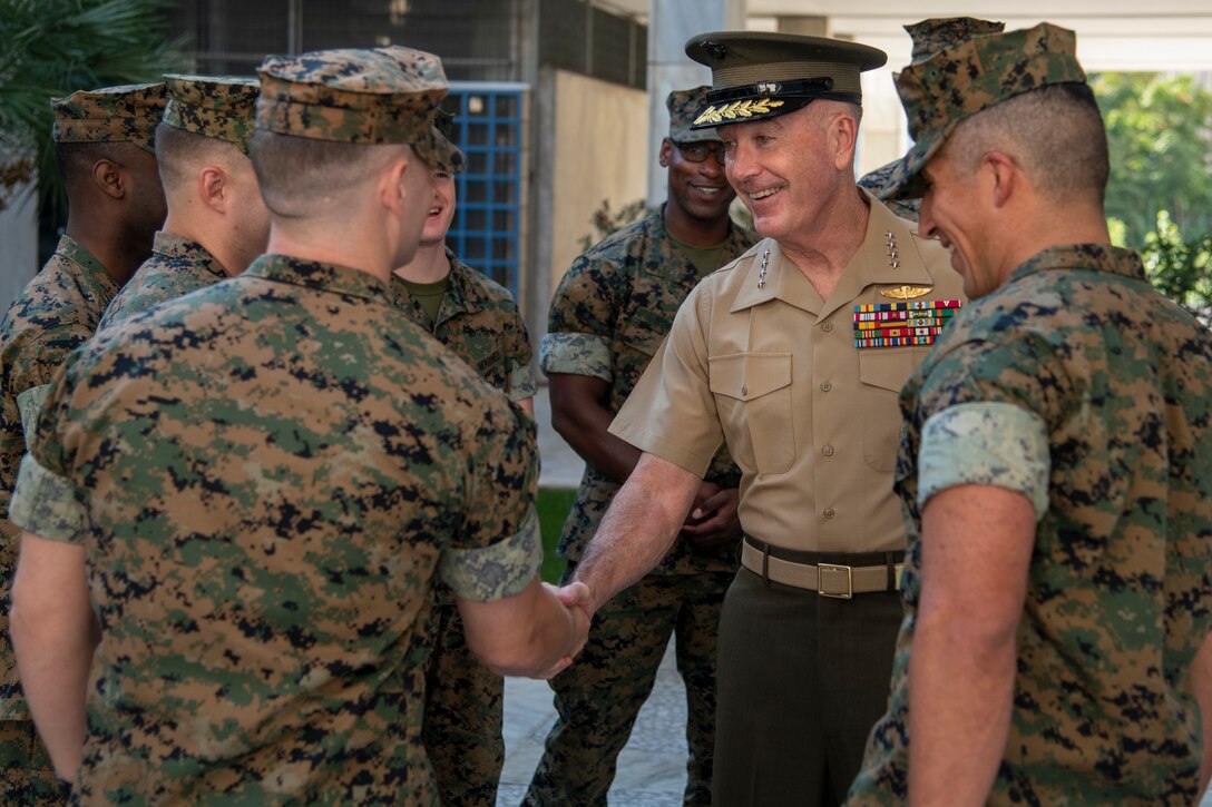 Marine Corps Gen. Joe Dunford, chairman of the Joint Chiefs of Staff, meets with Marines in Athens, Greece.