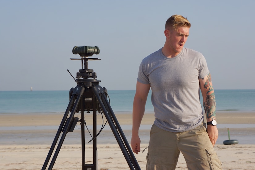 U.S. Army Spc. Jonathan Nygaard, a 2nd Class Diver assigned to the 74th Engineer Dive Detachment, sets up the base station near Abu Dhabi, August 3, 2018. The base station acts as the reference point for the roving station and accurately positions the site through GPS.