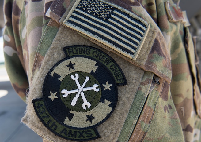 The 437th Aircraft Maintenance Squadron’s Flying Crew Chief patch adorns the uniform of Tech. Sgt. Jasper Maple, 437th Aircraft Maintenance Squadron production team expediter.