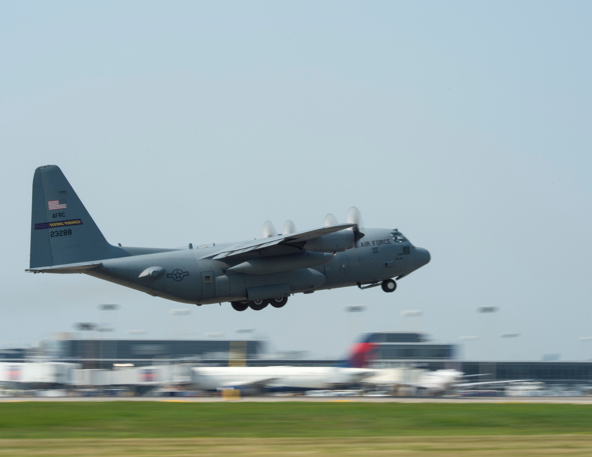 U.S. Air Force C-130 Hercules from the 96th Airlift Squadrons, takes off in St. Paul, Minn., Aug. 8, 2018.