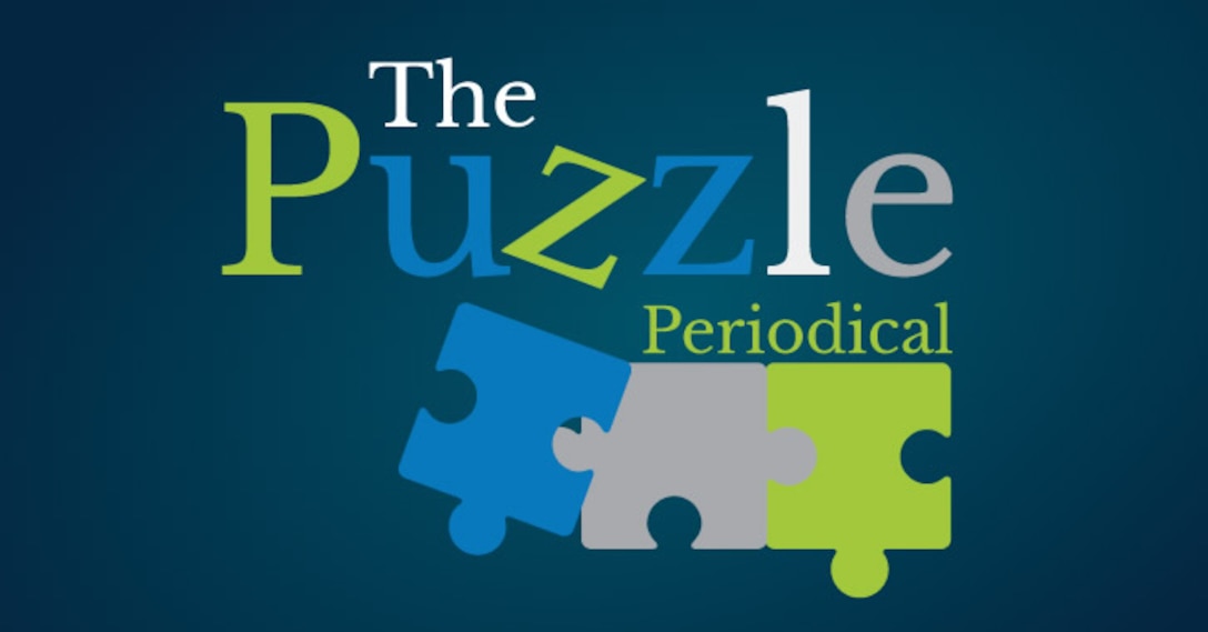 Puzzle Periodical Logo - The words "Puzzle Periodical" rest on top of 3 puzzle pieces of varying colors