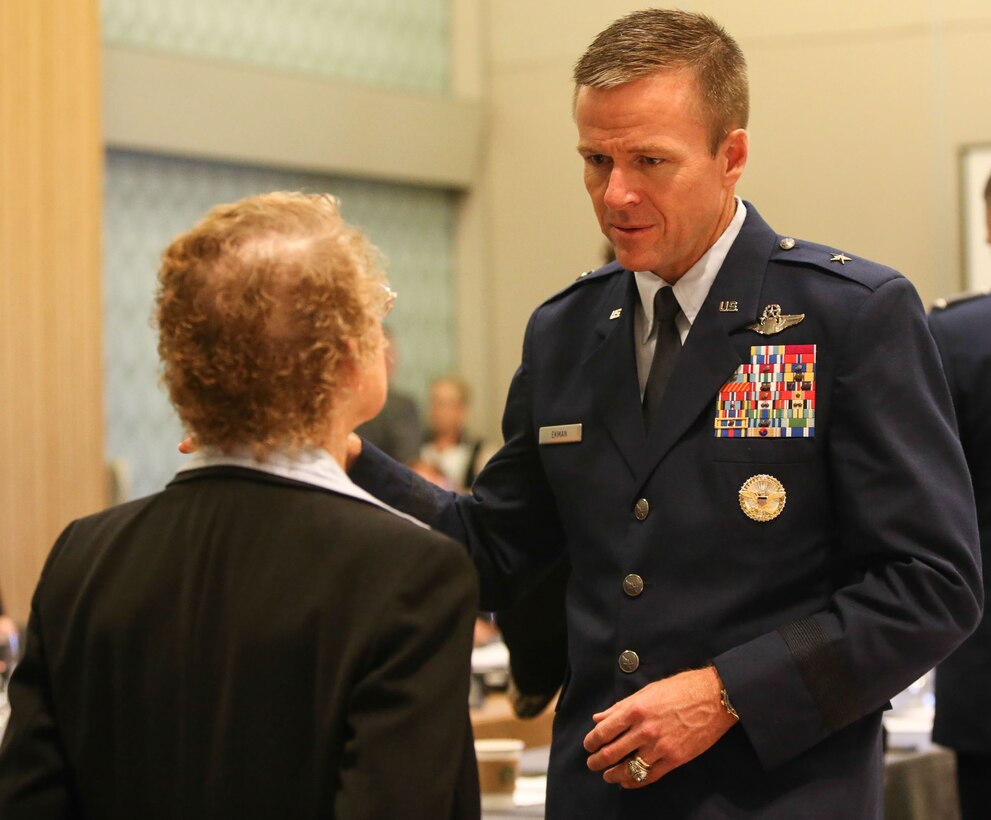 Brig. Gen. Kenneth Ekman, Vice Commander, 1st Air Force (Air Forces Northern), talks with a guest at the 2018 Civil Air Patrol National Conference in Anaheim, Calif., Aug. 22. Ekman is a member of CAP’s Board of Governors. Civil Air Patrol is the auxiliary of the U.S Air Force and is a proud partner in the Total Force with more than 59,000 volunteer Airmen. (Civil Air Patrol photo by Lt. Col. Robert Bowden)