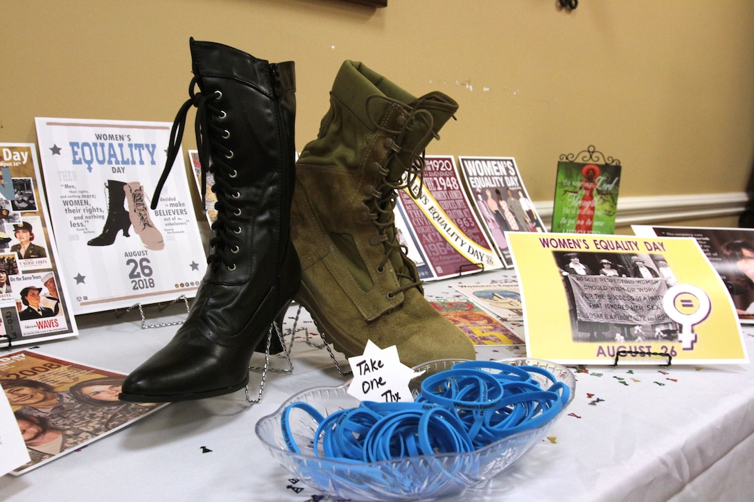 Marine Corps Logistics Base Albany leadership hosted a Women's Equality Day luncheon to celebrate the 1920 passage of the 19th Amendment giving women the right to vote, August 30. The anniversary of that adoption is officially observed on August 26. Organizers displayed several posters dating back to 2003 showing off the eras in which the Department of Defense has supported the national holiday. (U.S. Marine Corps photo by Re-Essa Buckels)