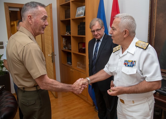 Marine Corps Gen. Joe Dunford, chairman of the Joint Chiefs of Staff, meets with Greek Navy Adm. Evangelos Apostolakis, Chief of the Hellenic National Defence General Staff, at the Ministry of Defence in Athens, Greece, Sept. 4, 2018.