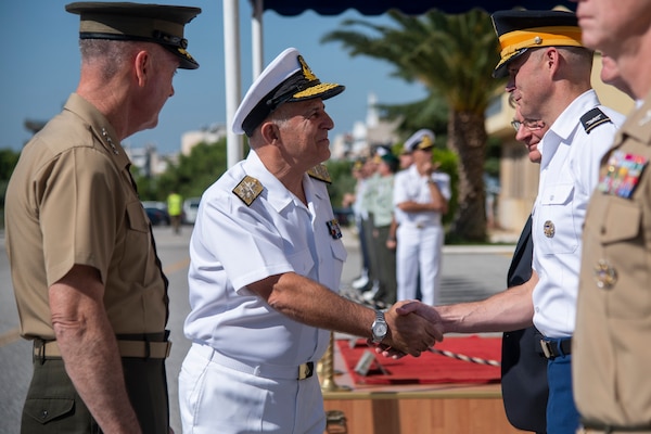 Marine Corps Gen. Joe Dunford, chairman of the Joint Chiefs of Staff, meets with Greek Navy Adm. Evangelos Apostolakis, Chief of the Hellenic National Defence General Staff, at the Ministry of Defence in Athens, Greece, Sept. 4, 2018.