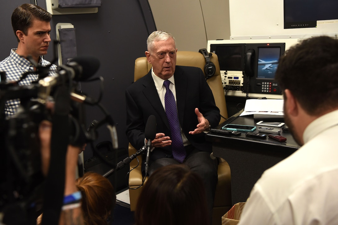 Defense Secretary James N. Mattis speaks to reporters.