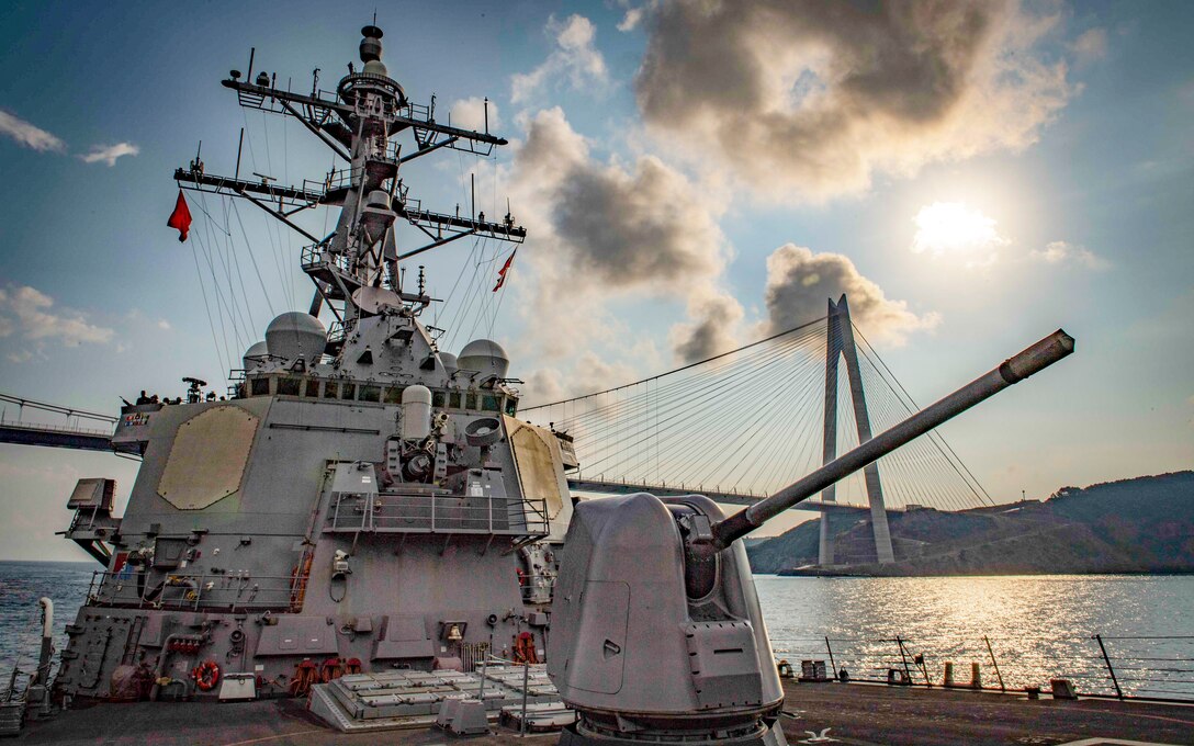 A navy ship traverses the Bosphorus Strait.