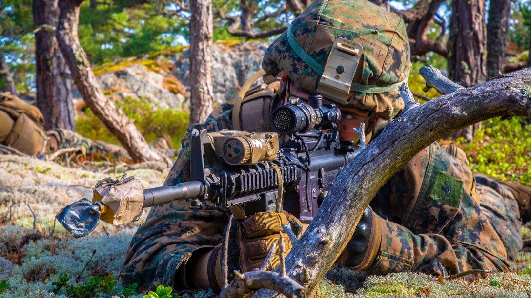 Marine with Marine Rotational Force-Europe provides security during amphibious assault rehearsal during Exercise Archipelago Endeavor along with Swedish Marines in Korso, Sweden, Aug. 30, 2018. Archipelago Endeavor is a bilateral training exercise in Sweden to enhance interoperability and strengthen security in the Baltic Region. This is the first time U.S. and Swedish Marines have trained as an integrated unit on the Swedish Combat Boat 90 (CB-90) to perform a company-level amphibious assault on the outer Stockholm archipelago. (U.S. Marine Corps photo by Sgt. Devin Andrews/Released)