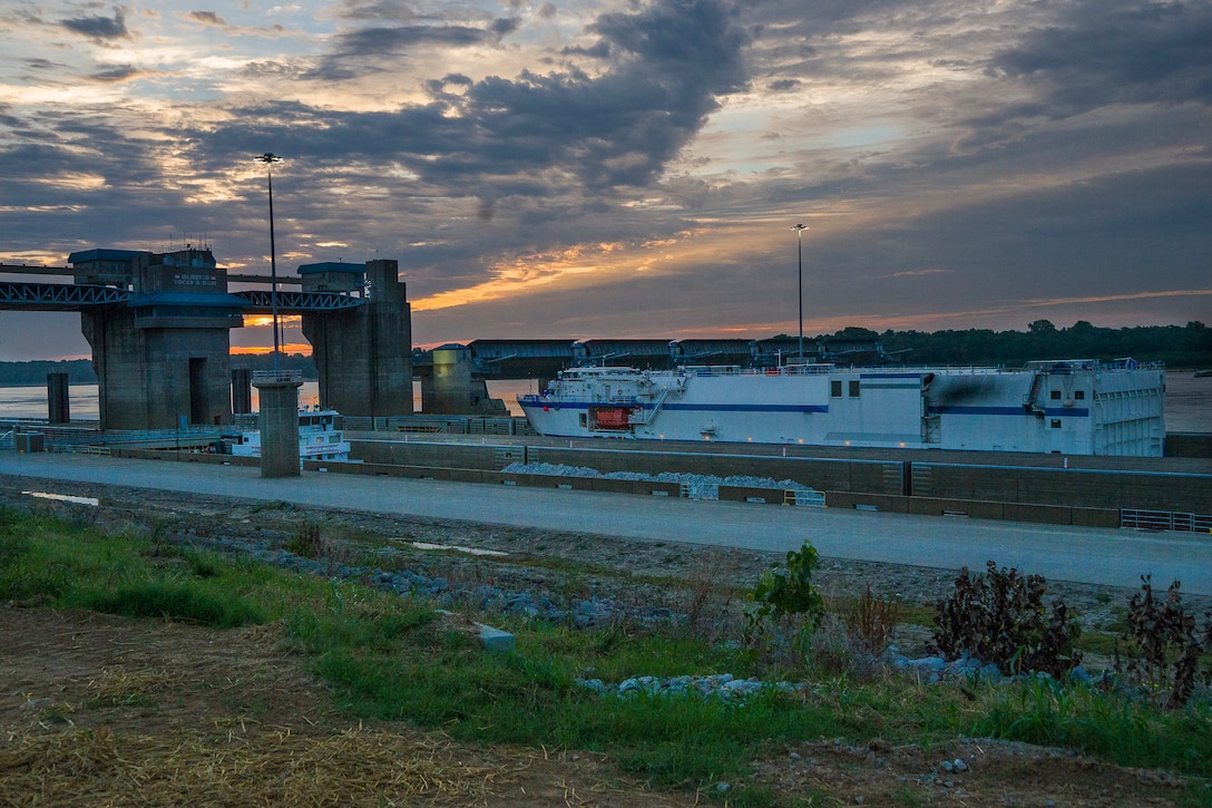 The NASA ship Delta Mariner passes through Olmsted lock