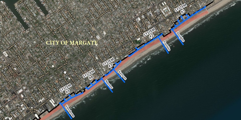 The Army Corps worked with the City of Margate and the New Jersey Department of Environmental Protection to design a permanent stormwater management system. The five ocean outfalls are located at Vendome, Nassau, Kenyon, Franklin and Douglas Avenues. Each outfall is oriented perpendicular to the shoreline and conveys stormwater to the ocean. The outfalls are buried beneath the dune and beach, daylighting near the shoreline.