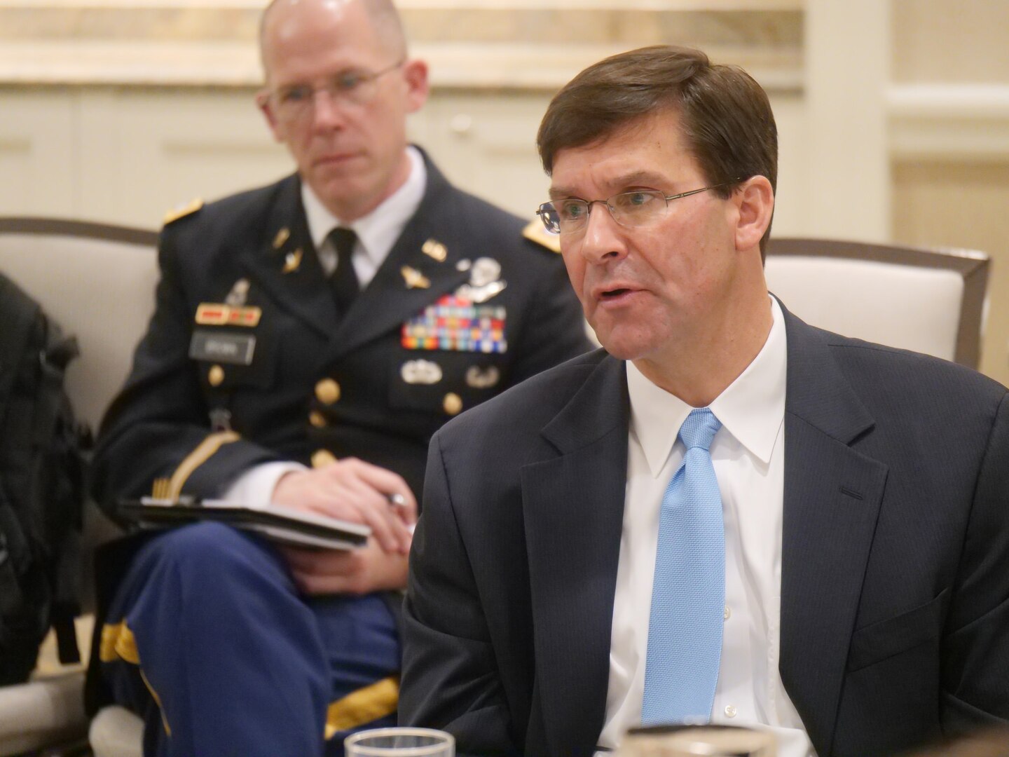 Secretary of the Army Dr. Mark T. Esper meets with journalists from the Defense Writers Group, an association of news outlets with reporters that cover national security issues, at the Fairmont Hotel Aug. 29.