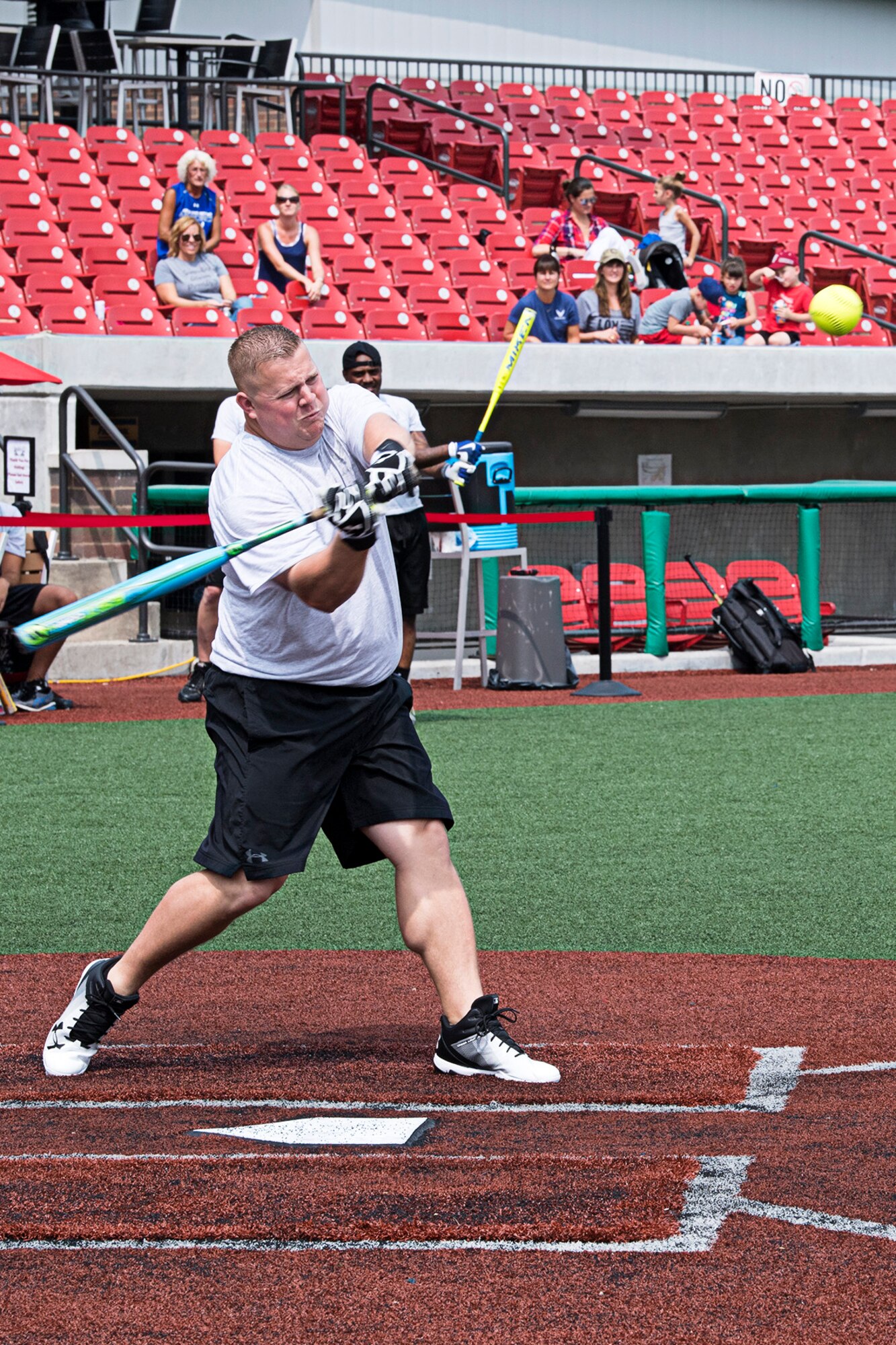 Cory Beck, 74th Air Refueling Squadron, locks in on a pitch during an inter-service homerun derby contest Aug. 18, 2018 at Kokomo Municipal Stadium, in Kokomo, Ind. Teams from the Army, Navy, Air Force and Marines engaged in the friendly competition. (U.S. Air Force photo/ Douglas Hays)