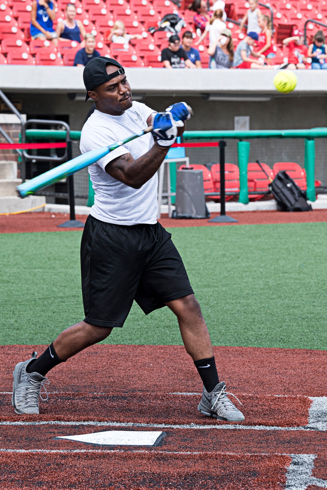 Chris Cockle, 434th Force Support Squadron, looks to get all of a pitch during an inter-service homerun derby contest Aug. 18, 2018 at Kokomo Municipal Stadium, in Kokomo, Ind. Teams from the Army, Navy, Air Force and Marines engaged in the friendly competition. (U.S. Air Force photo/ Douglas Hays)