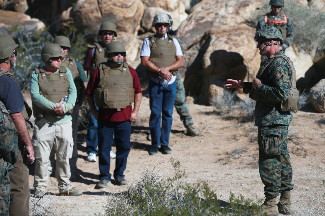 Brig. Gen. Roger Turner, Combat Center Commanding General, expresses his gratitude toward those in attendance during the ribbon cutting ceremony and live-fire demonstrations of the newly opened Johnson Valley Exclusive Military Use Area aboard the Marine Corps Air Ground Combat Center, Twentynine Palms, Calif., Aug. 24, 2018. The EMUA is open to all Marine Corps units and will allow for a more realistic level training that is capable of accommodating an entire Marine Air Ground Task Force. (U.S. Marine Corps photo by Sgt. Medina Ayala-Lo)